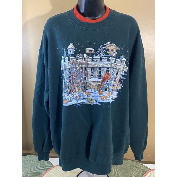 Morning Sun Tops - Vintage Morning Sun Made In USA Winter/cardinal’s Graphic Sweater Size L